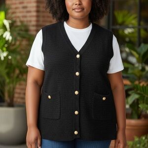 Women’s Black Sweater Vest – Gold Button Detail, Size XL, NWOT